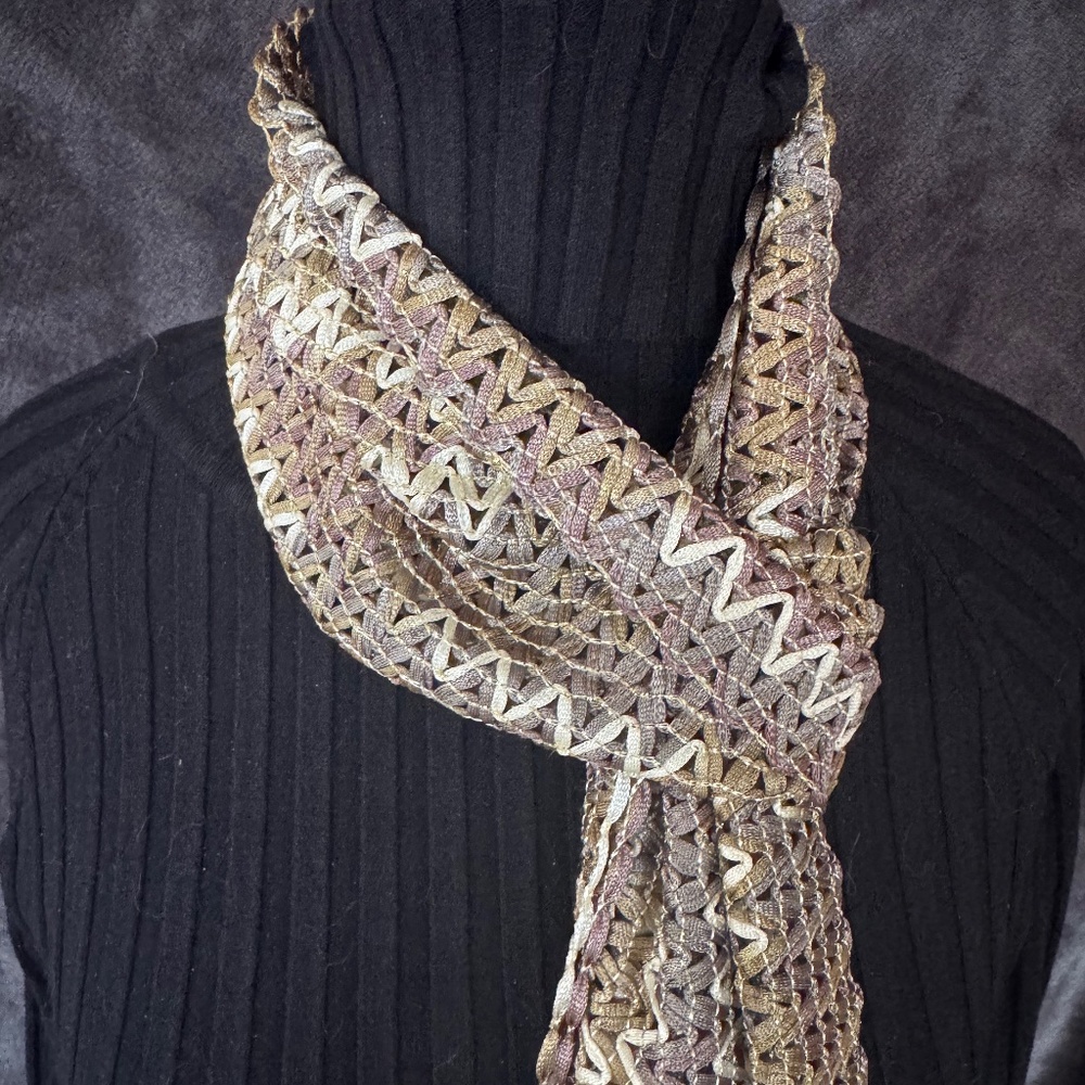 Tan and white scarf with fringe